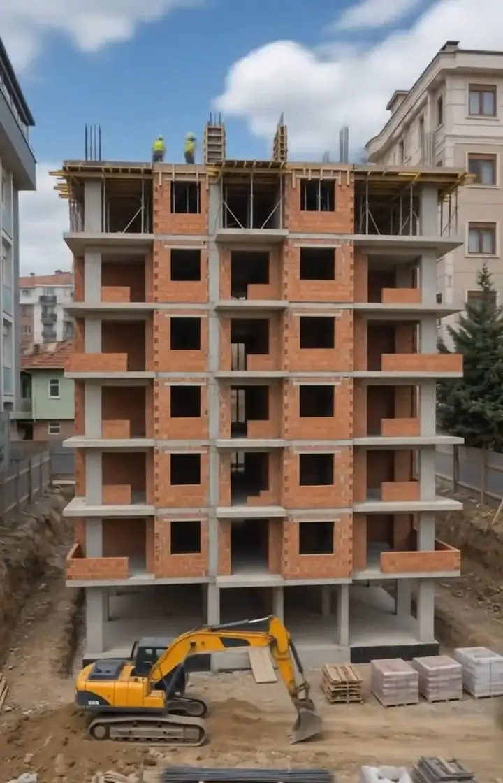 İnşaat zaman akışı animasyonu: kazıdan çatıya yükselen bina